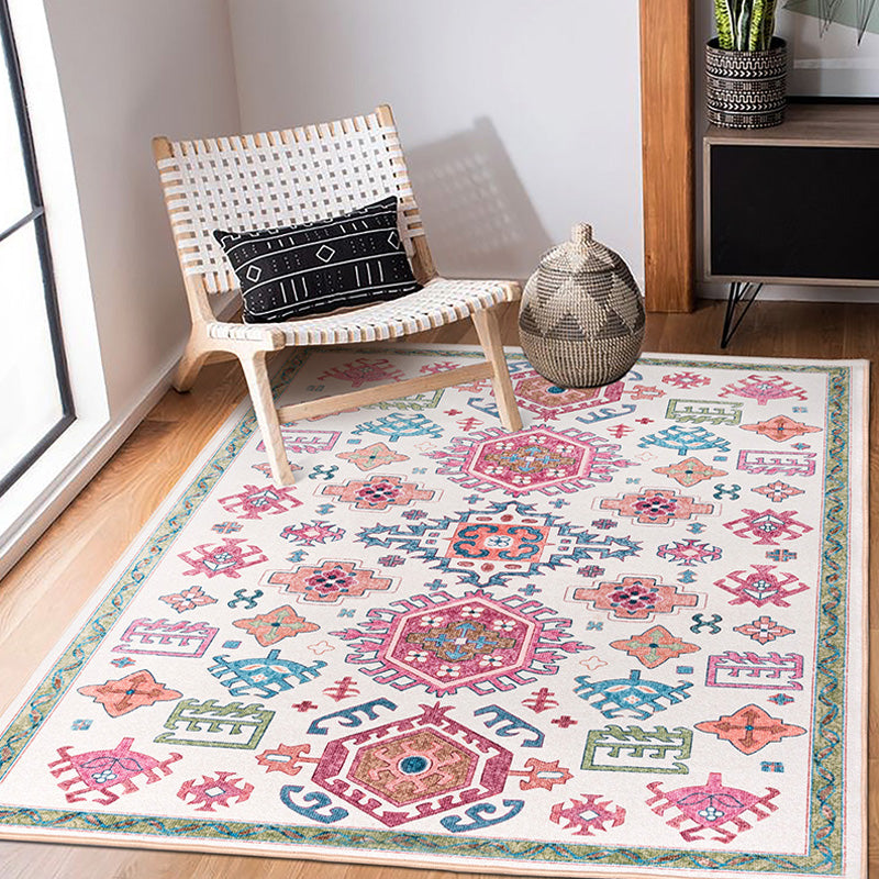 Sikunuo | White and pink Bohemian rug Polyester floral pattern pet-friendly washable non-slip backing rug for decoration