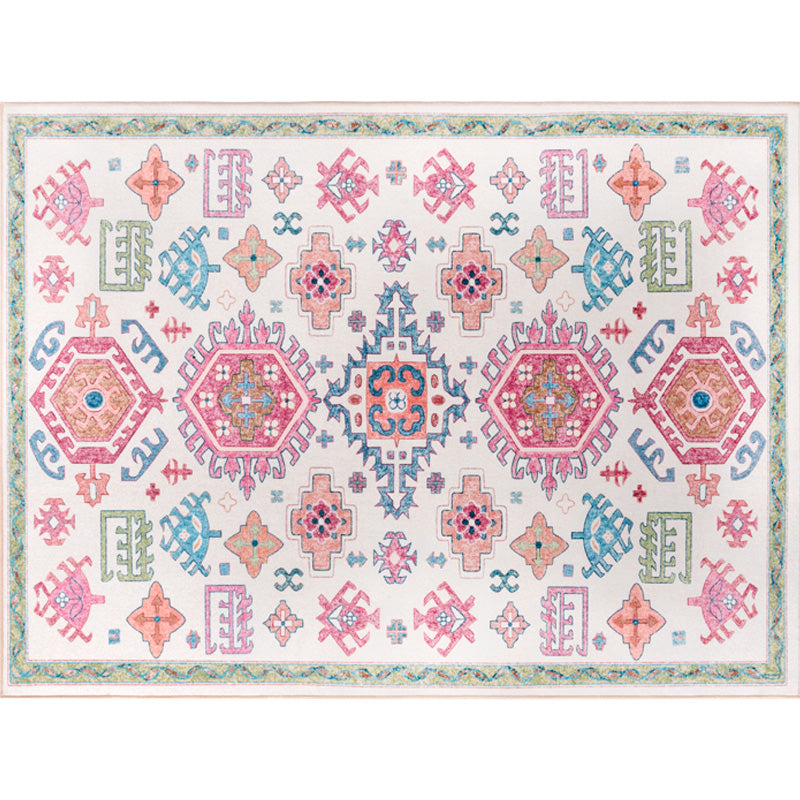 Sikunuo | White and pink Bohemian rug Polyester floral pattern pet-friendly washable non-slip backing rug for decoration