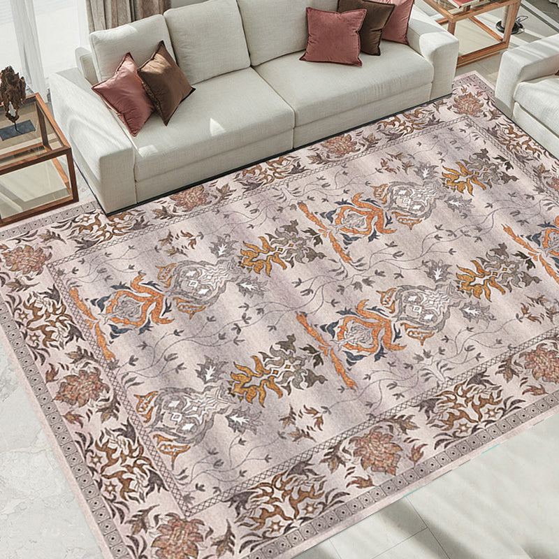 Sikunuo | Pink Shabby Chic Carpet Polyester Tribal Floral Pattern Carpet Pet-Friendly Washable Non-Slip Back Carpet for Decoration