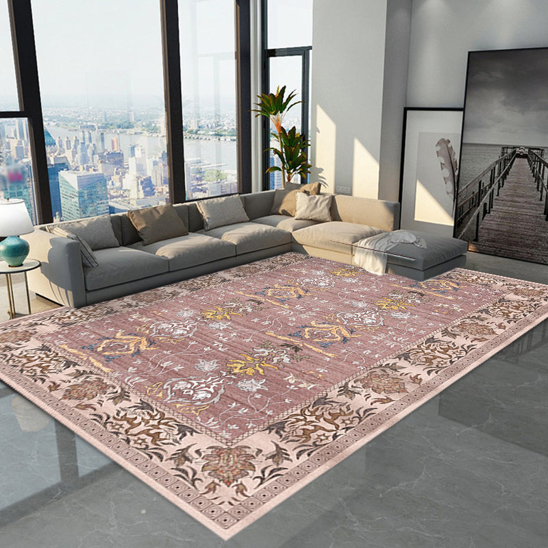 Sikunuo | Pink Shabby Chic Carpet Polyester Tribal Floral Pattern Carpet Pet-Friendly Washable Non-Slip Back Carpet for Decoration