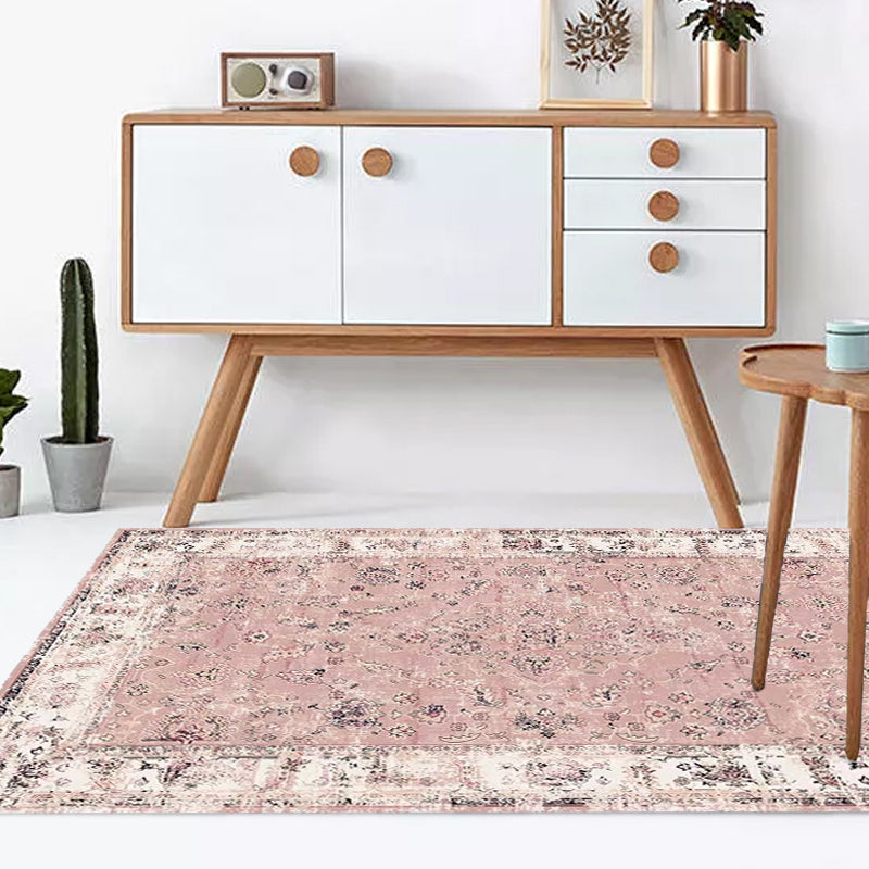 Sikunuo | Pink Shabby Chic Carpet Polyester Tribal Floral Pattern Carpet Pet-Friendly Washable Non-Slip Back Carpet for Decoration
