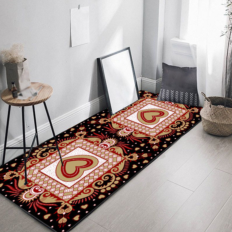Sikunuo | Unique Heart Pattern Rug Black and Green Moroccan Rug Polyester Pet-Friendly Non-Slip Back Washable Rug for the Living Room