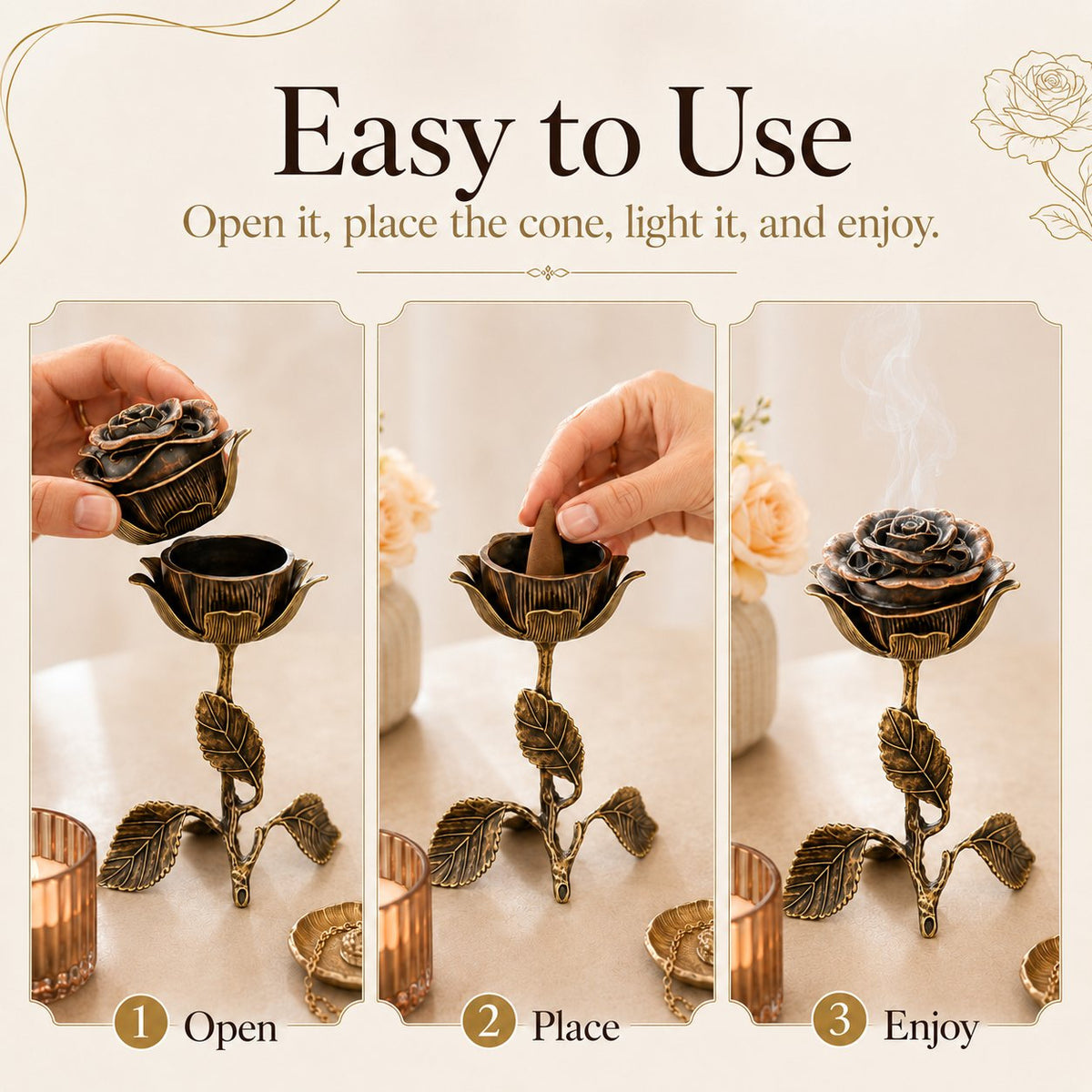 🌹💕 Vintage Rose Incense Burner – A Thoughtful Gift for Meditation & Relaxation Lovers ✨🕯️