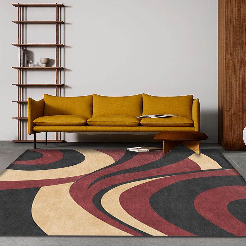 Sikunuo | Stylish Modernism Carpet Gray and Red Swirl Striped Pattern Carpet Animal-Friendly Non-Slip Washable Area Carpet for Decoration