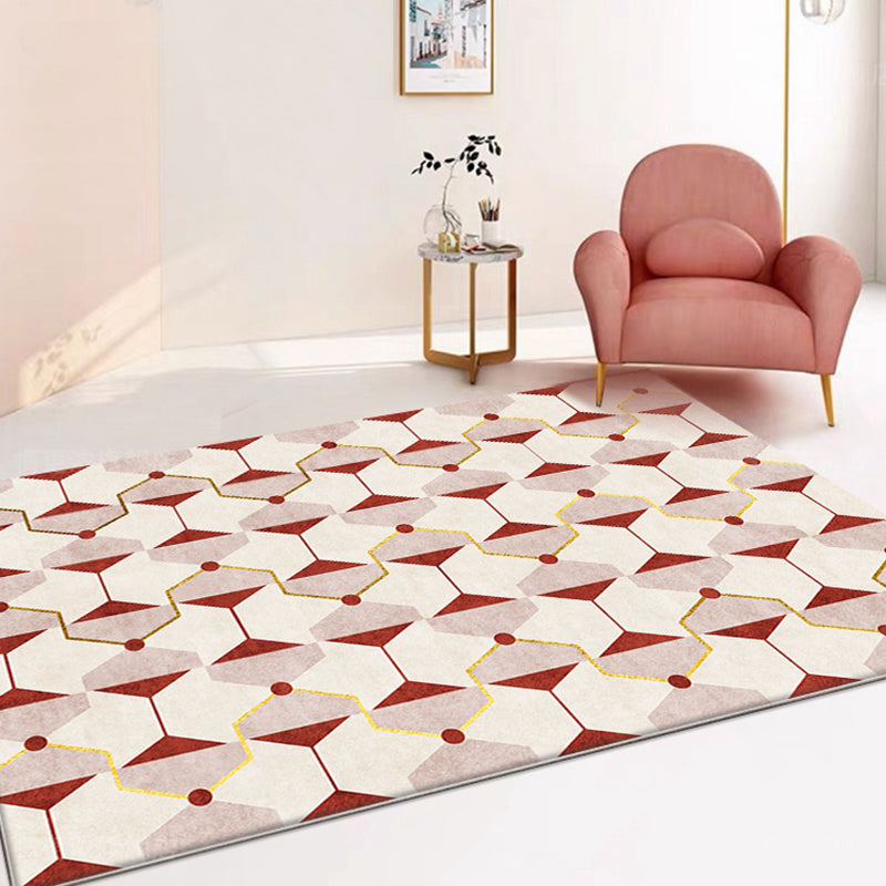 Sikunuo | Novelty Geometric Pattern Rug Red Polyester Rug Non-Slip Back Washable Pet-Friendly Rug for Home