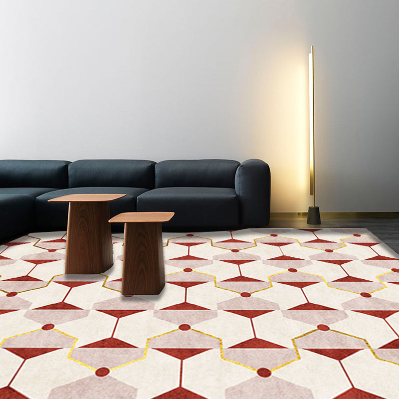 Sikunuo | Novelty Geometric Pattern Rug Red Polyester Rug Non-Slip Back Washable Pet-Friendly Rug for Home