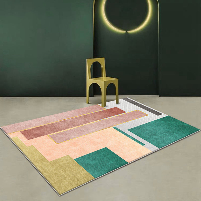 Sikunuo | Modern Color Block Area Rug Green and Red Polyester Rug Non-Slip Back Washable Pet Friendly Carpet for Home