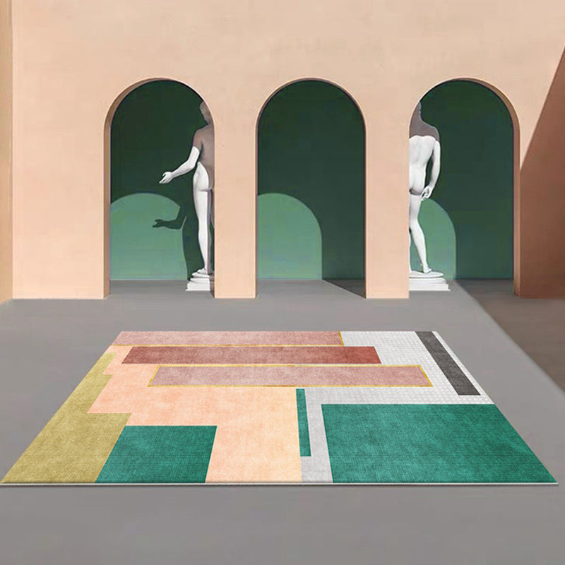 Sikunuo | Modern Color Block Area Rug Green and Red Polyester Rug Non-Slip Back Washable Pet Friendly Carpet for Home