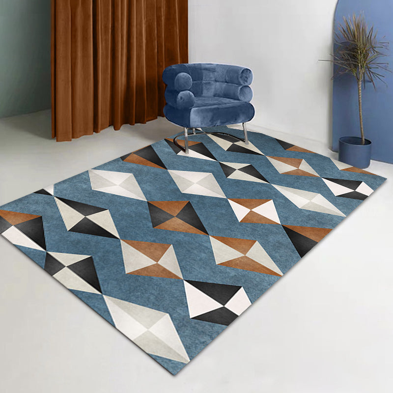 Sikunuo | Novelty Geometric Pattern Carpet Blue Polyester Carpet Anti-Slip Back Washable Pet Friendly Area Rug for Home