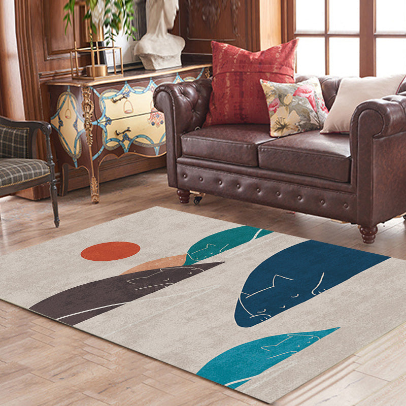 Sikunuo | Navy Blue Multi-Pattern Rug Polyester Oriental Rug Washable Non-Slip Pet-Friendly Area Rug for the Living Room