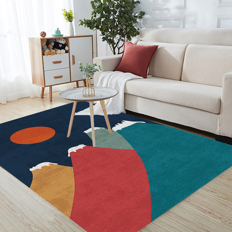 Sikunuo | Navy Blue Multi-Pattern Rug Polyester Oriental Rug Washable Non-Slip Pet-Friendly Area Rug for the Living Room
