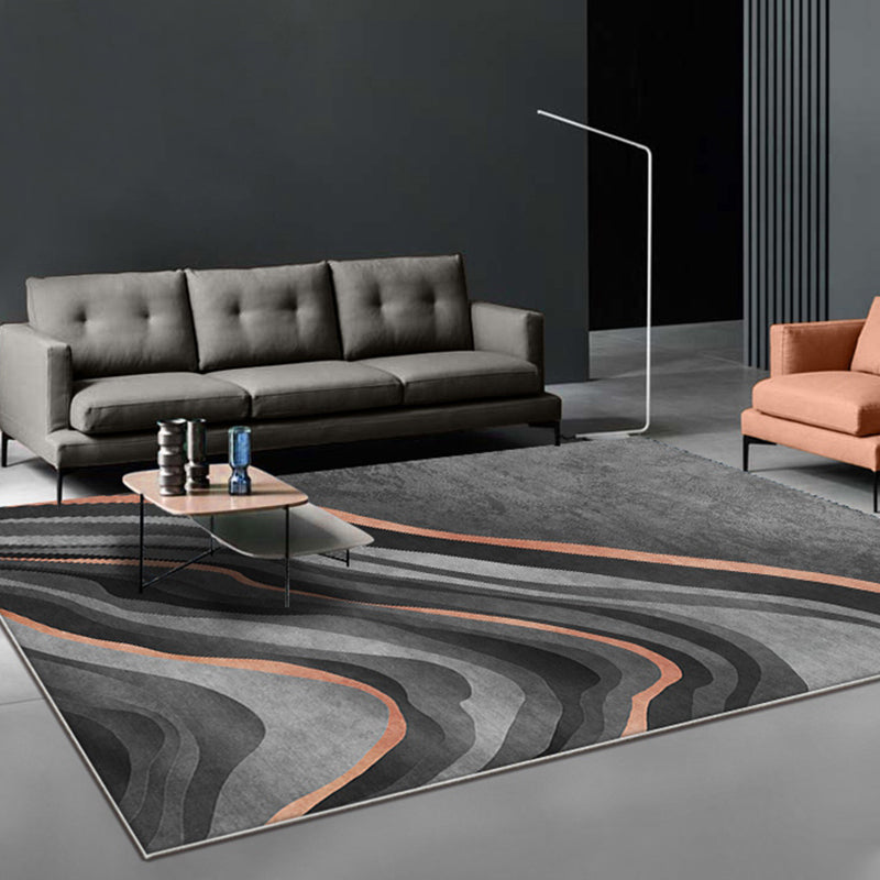 Sikunuo | Creative Black Modernist Carpet Polyester Swirl Striped Pattern Rug Washable Pet-Friendly Non-Slip Area Rug for Living Room