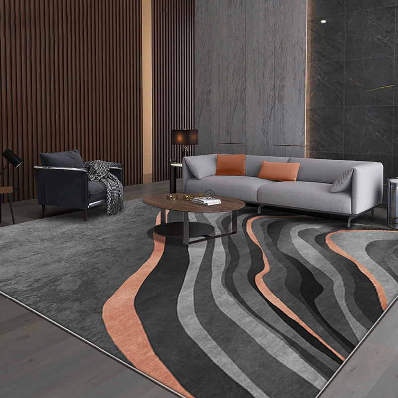 Sikunuo | Creative Black Modernist Carpet Polyester Swirl Striped Pattern Rug Washable Pet-Friendly Non-Slip Area Rug for Living Room