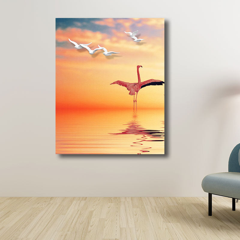 Sikunuo | Tropical Flamingo and Seagull Canvas Orange Decorative Art Print for Living Room