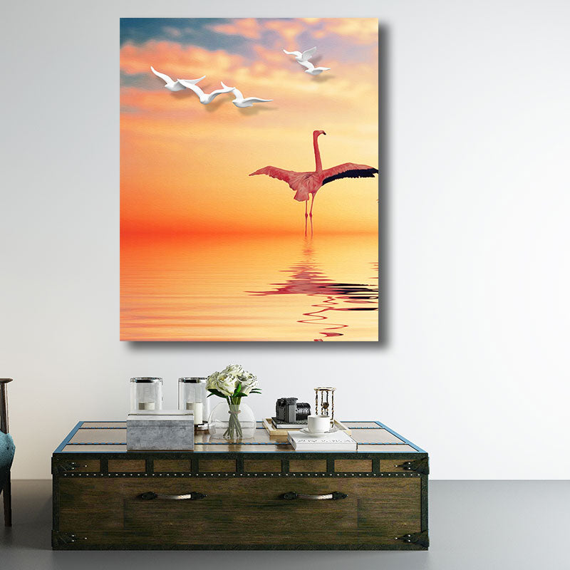 Sikunuo | Tropical Flamingo and Seagull Canvas Orange Decorative Art Print for Living Room