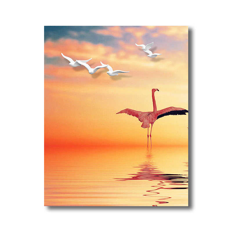 Sikunuo | Tropical Flamingo and Seagull Canvas Orange Decorative Art Print for Living Room