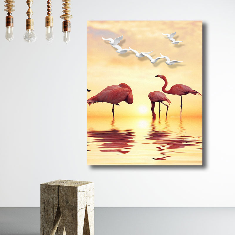 Sikunuo | Tropical Flamingo and Seagull Canvas Orange Decorative Art Print for Living Room