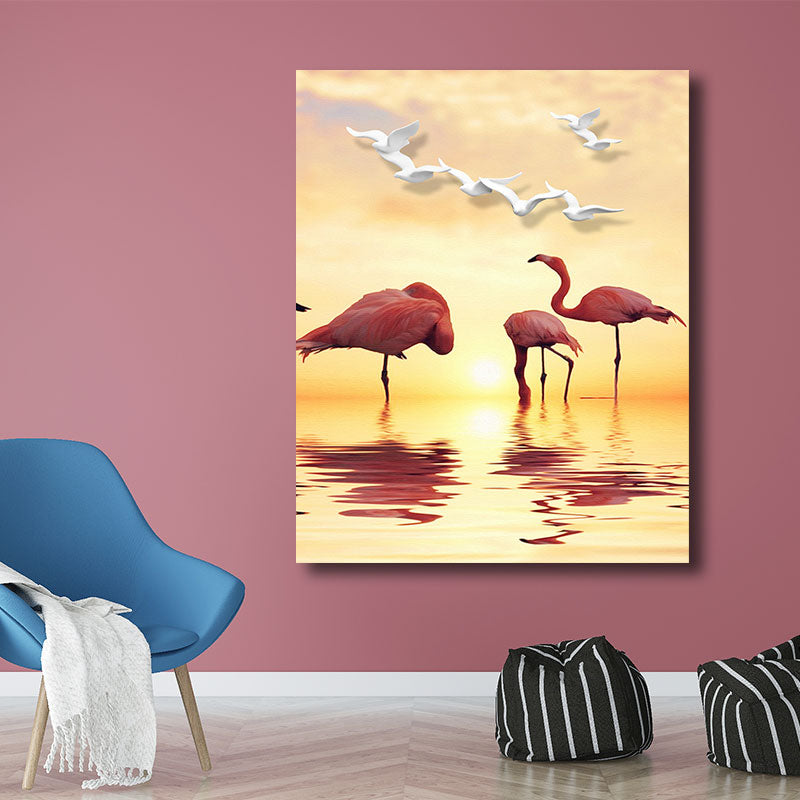Sikunuo | Tropical Flamingo and Seagull Canvas Orange Decorative Art Print for Living Room