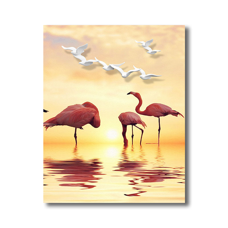 Sikunuo | Tropical Flamingo and Seagull Canvas Orange Decorative Art Print for Living Room