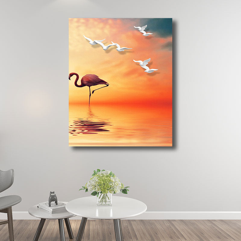 Sikunuo | Tropical Flamingo and Seagull Canvas Orange Decorative Art Print for Living Room