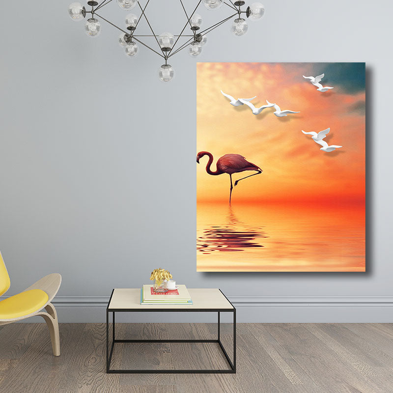 Sikunuo | Tropical Flamingo and Seagull Canvas Orange Decorative Art Print for Living Room