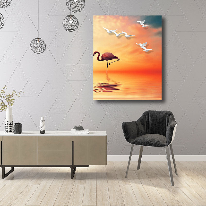 Sikunuo | Tropical Flamingo and Seagull Canvas Orange Decorative Art Print for Living Room