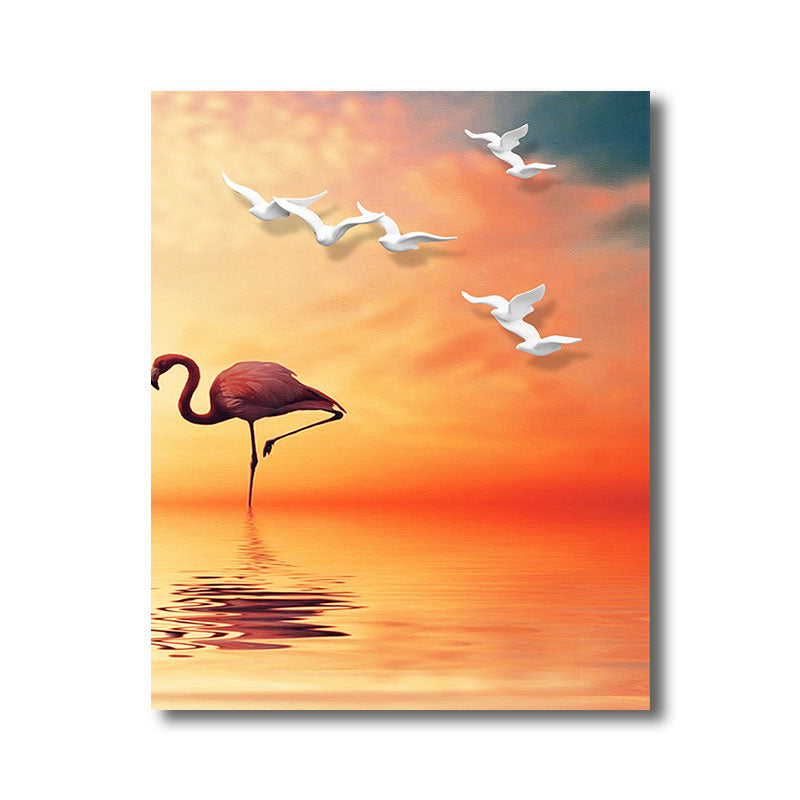 Sikunuo | Tropical Flamingo and Seagull Canvas Orange Decorative Art Print for Living Room