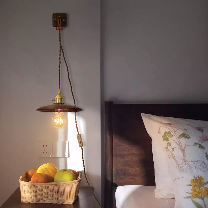 Sikunuo | Wooden Tray Plug Wall Lighting Ideas Rustic 1 Light Bulb 8"/10" Wide Nightstand Wall Lamp in Brown with Extra Long Cable