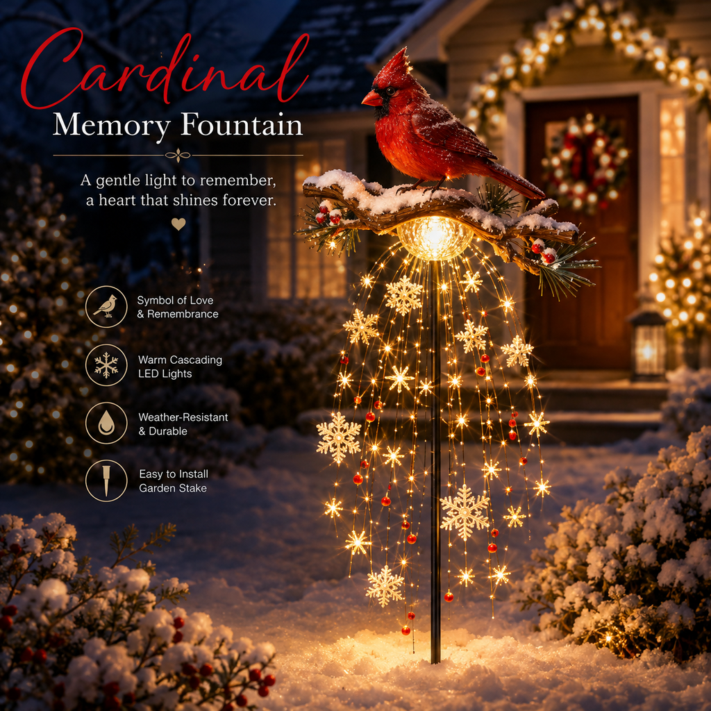 ❤️✨ Cardinal Memory Fountain Light – Illuminated Christmas Garden Memorial Decor