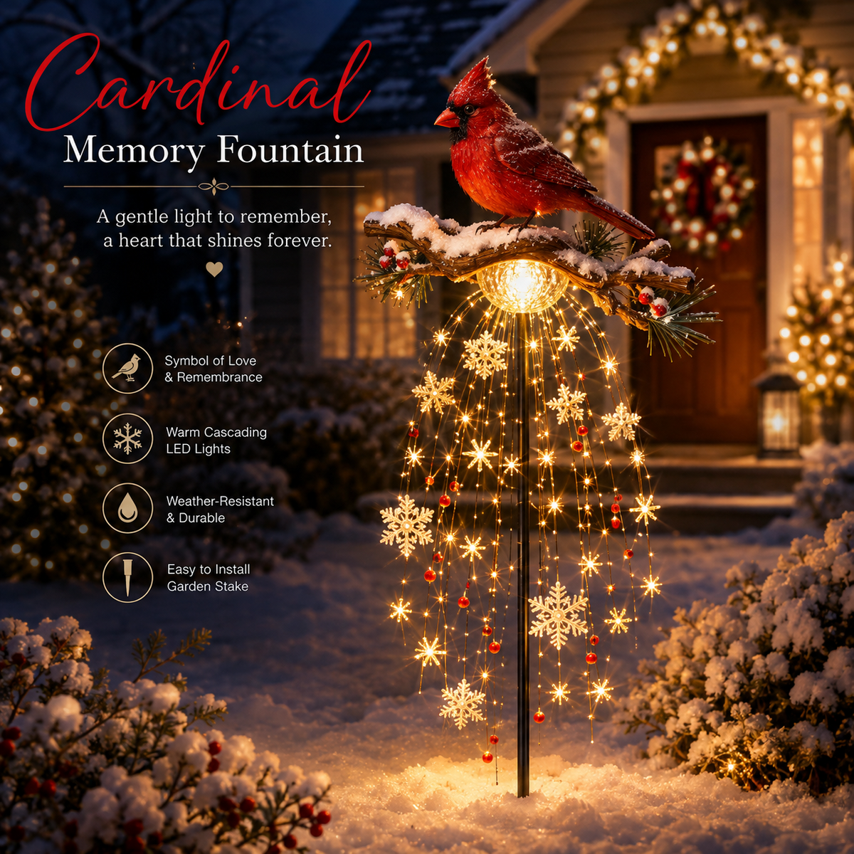 ❤️✨ Cardinal Memory Fountain Light – Illuminated Christmas Garden Memorial Decor