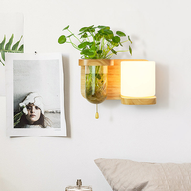 Sikunuo | Wood Globe/Cylinder Wall Sconce Nordic Cream Glass 1 Light Bedroom Wall Lamp with Plant Pot and Pull Chain