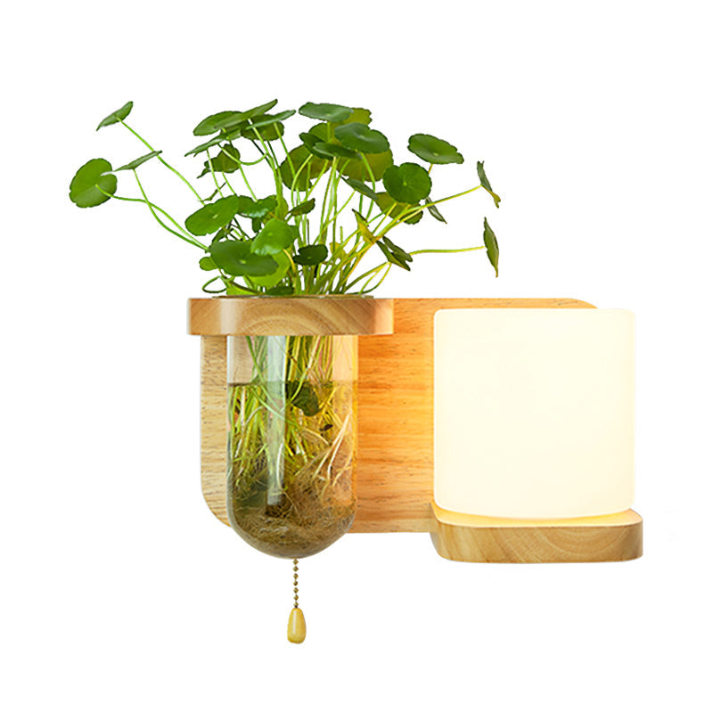 Sikunuo | Wood Globe/Cylinder Wall Sconce Nordic Cream Glass 1 Light Bedroom Wall Lamp with Plant Pot and Pull Chain