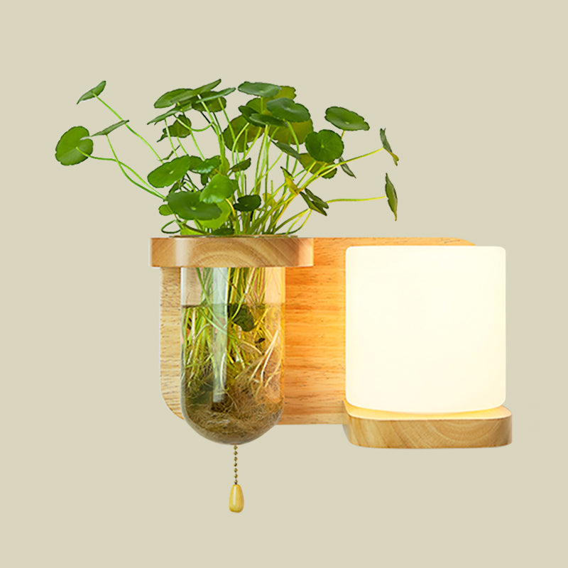 Sikunuo | Wood Globe/Cylinder Wall Sconce Nordic Cream Glass 1 Light Bedroom Wall Lamp with Plant Pot and Pull Chain