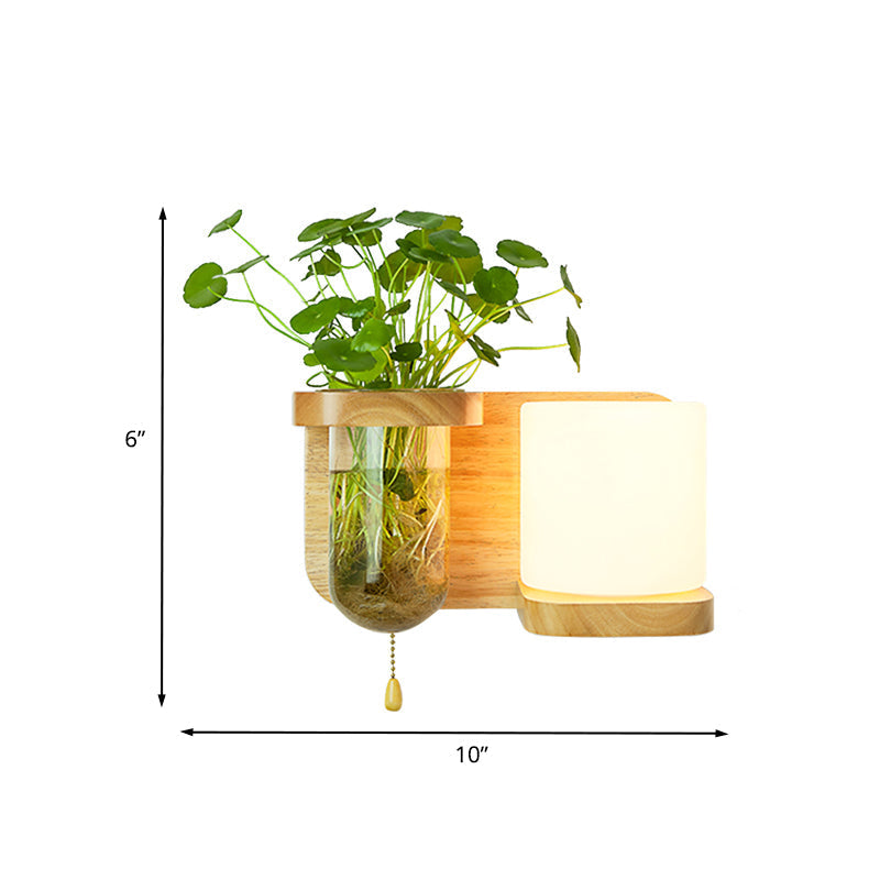 Sikunuo | Wood Globe/Cylinder Wall Sconce Nordic Cream Glass 1 Light Bedroom Wall Lamp with Plant Pot and Pull Chain