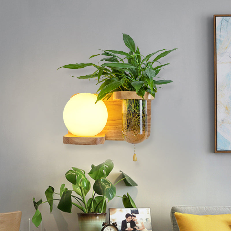 Sikunuo | Wood Globe/Cylinder Wall Sconce Nordic Cream Glass 1 Light Bedroom Wall Lamp with Plant Pot and Pull Chain