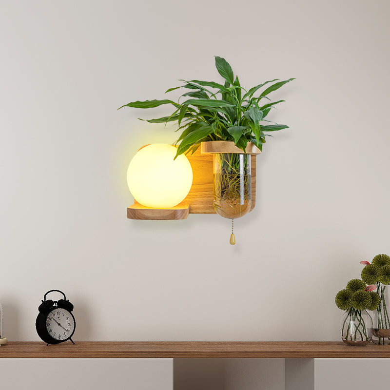 Sikunuo | Wood Globe/Cylinder Wall Sconce Nordic Cream Glass 1 Light Bedroom Wall Lamp with Plant Pot and Pull Chain