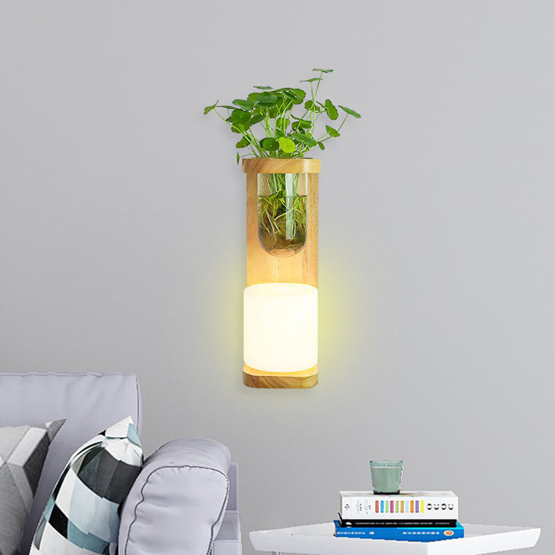 Sikunuo | Nordic Cylinder Wall Lamp 1-Head Opal Glass Wall Lighting in Wood with Clear Glass Plant Cup