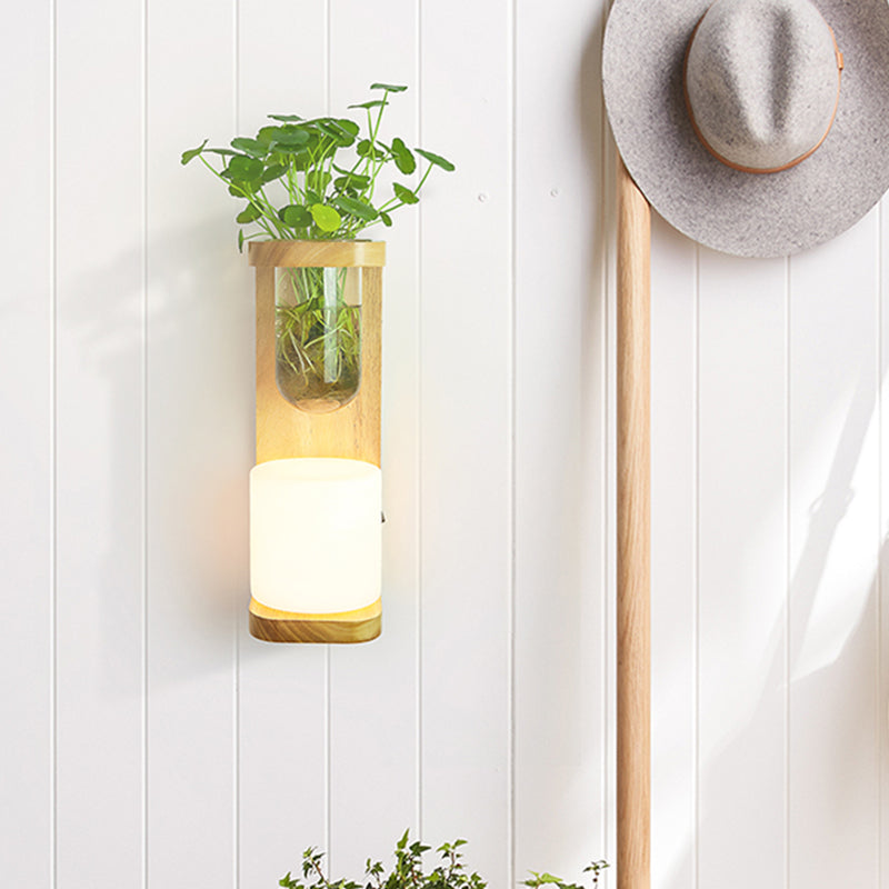 Sikunuo | Nordic Cylinder Wall Lamp 1-Head Opal Glass Wall Lighting in Wood with Clear Glass Plant Cup