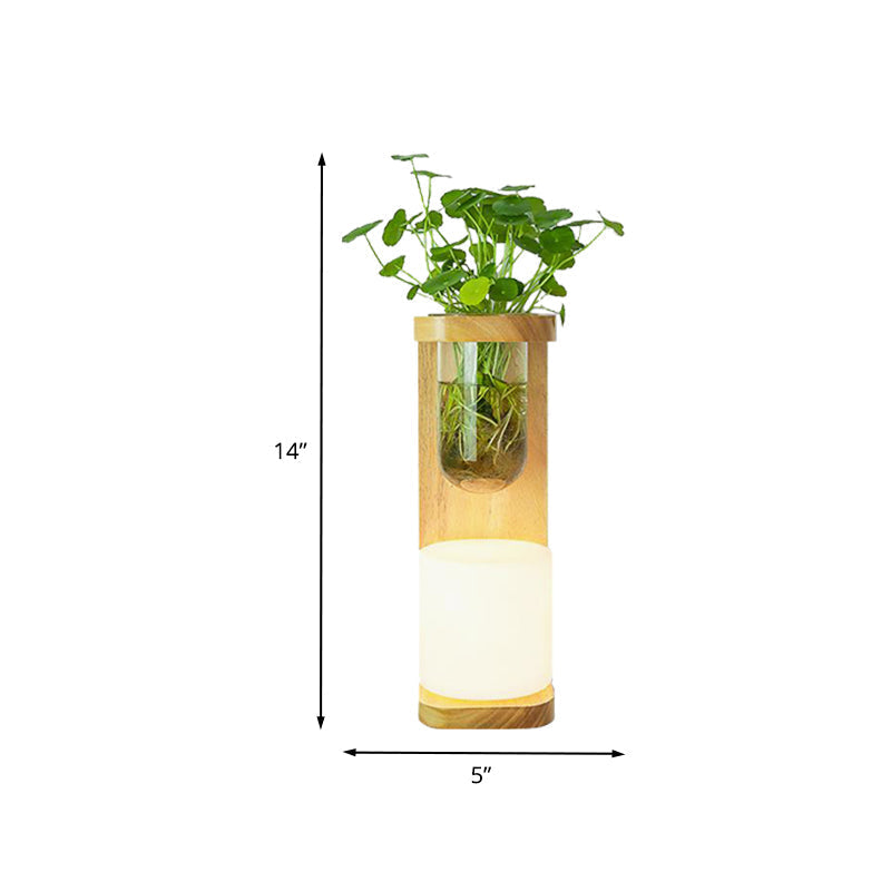 Sikunuo | Nordic Cylinder Wall Lamp 1-Head Opal Glass Wall Lighting in Wood with Clear Glass Plant Cup