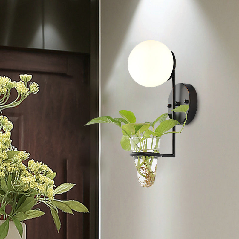Sikunuo | 1 Bulb Wall Lamp Industrial Global Cream/Smoke Grey Glass Wall Light in Black/Gold with Clear Glass Plant Cup