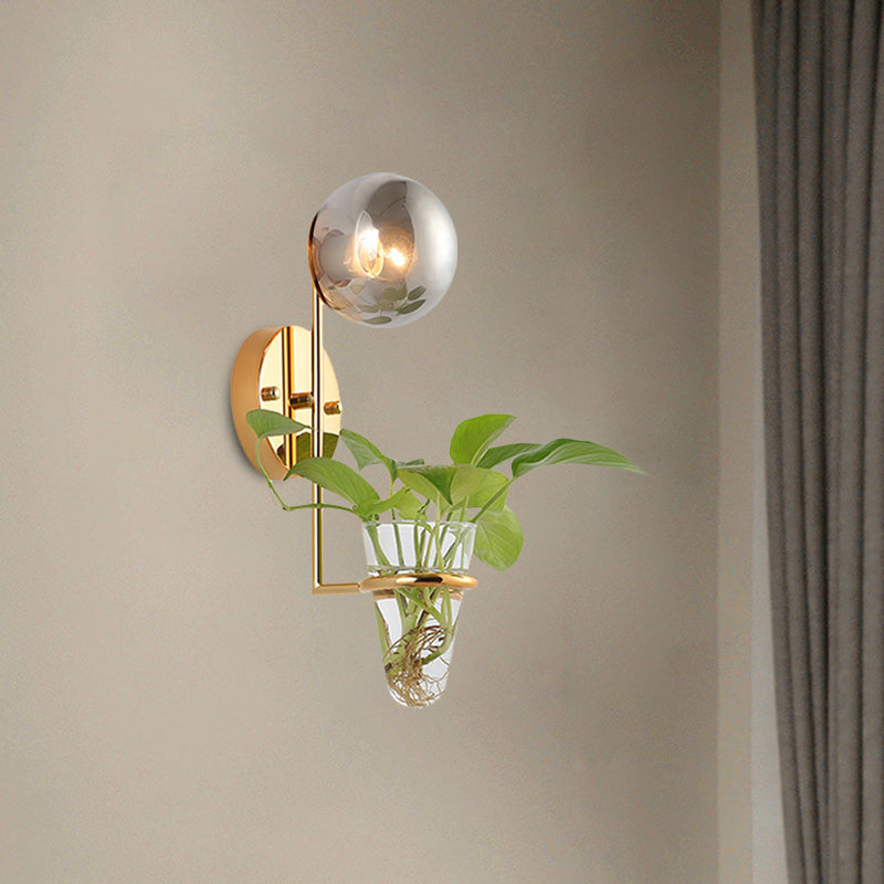 Sikunuo | 1 Bulb Wall Lamp Industrial Global Cream/Smoke Grey Glass Wall Light in Black/Gold with Clear Glass Plant Cup
