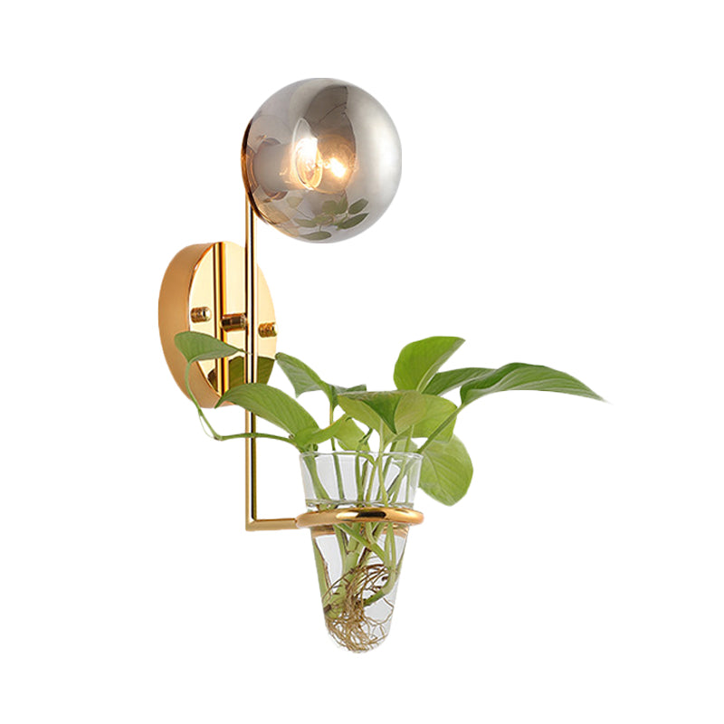 Sikunuo | 1 Bulb Wall Lamp Industrial Global Cream/Smoke Grey Glass Wall Light in Black/Gold with Clear Glass Plant Cup