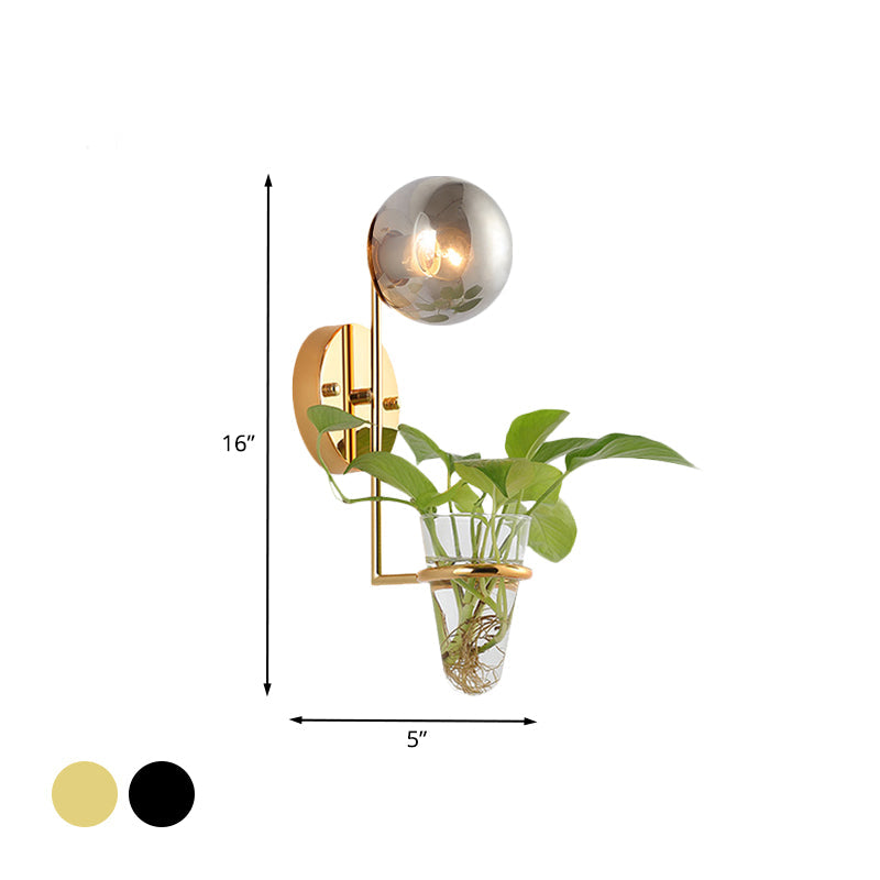 Sikunuo | 1 Bulb Wall Lamp Industrial Global Cream/Smoke Grey Glass Wall Light in Black/Gold with Clear Glass Plant Cup
