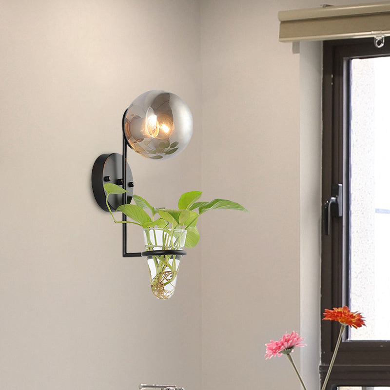Sikunuo | 1 Bulb Wall Lamp Industrial Global Cream/Smoke Grey Glass Wall Light in Black/Gold with Clear Glass Plant Cup