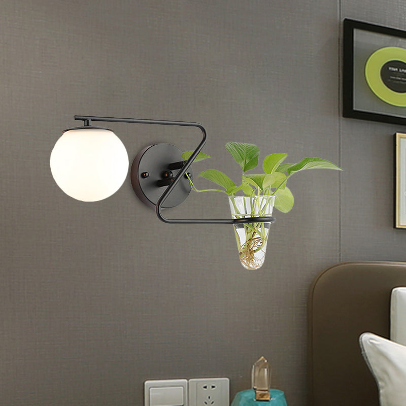 Sikunuo | Global Bedroom Wall Light Industrial Cream/Smoke Grey Glass 1 Head Black/Gold Wall Lamp with Clear Glass Plant Holder
