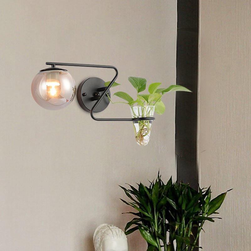 Sikunuo | Global Bedroom Wall Light Industrial Cream/Smoke Grey Glass 1 Head Black/Gold Wall Lamp with Clear Glass Plant Holder