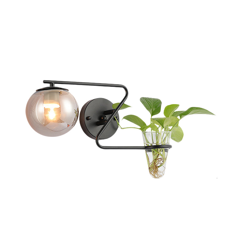 Sikunuo | Global Bedroom Wall Light Industrial Cream/Smoke Grey Glass 1 Head Black/Gold Wall Lamp with Clear Glass Plant Holder