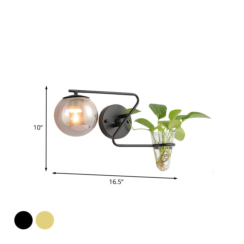 Sikunuo | Global Bedroom Wall Light Industrial Cream/Smoke Grey Glass 1 Head Black/Gold Wall Lamp with Clear Glass Plant Holder