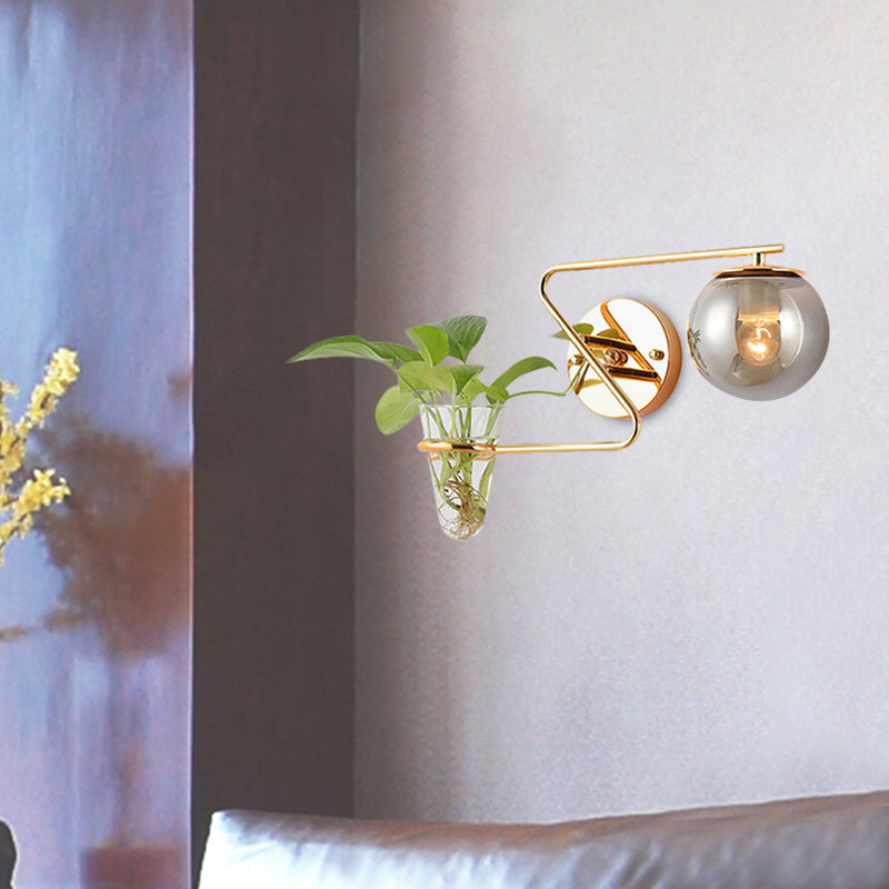 Sikunuo | Global Bedroom Wall Light Industrial Cream/Smoke Grey Glass 1 Head Black/Gold Wall Lamp with Clear Glass Plant Holder