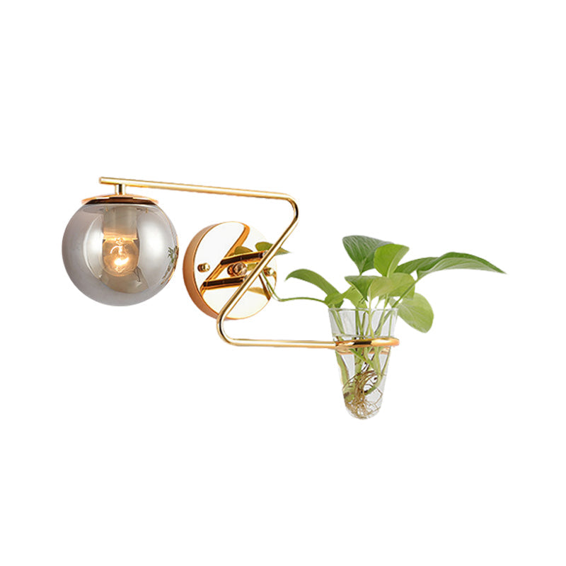 Sikunuo | Global Bedroom Wall Light Industrial Cream/Smoke Grey Glass 1 Head Black/Gold Wall Lamp with Clear Glass Plant Holder